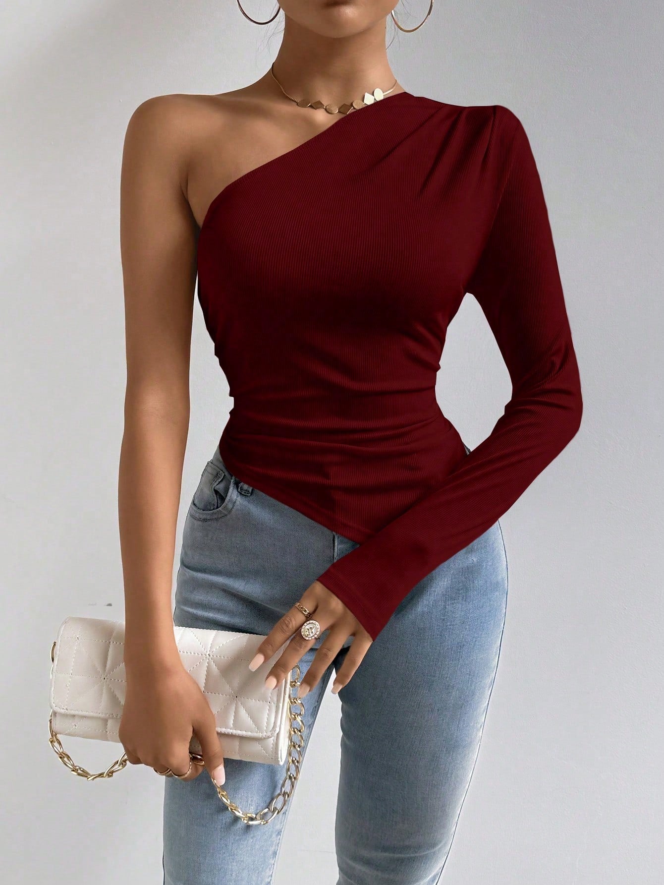 One Shoulder Long Sleeve Tops