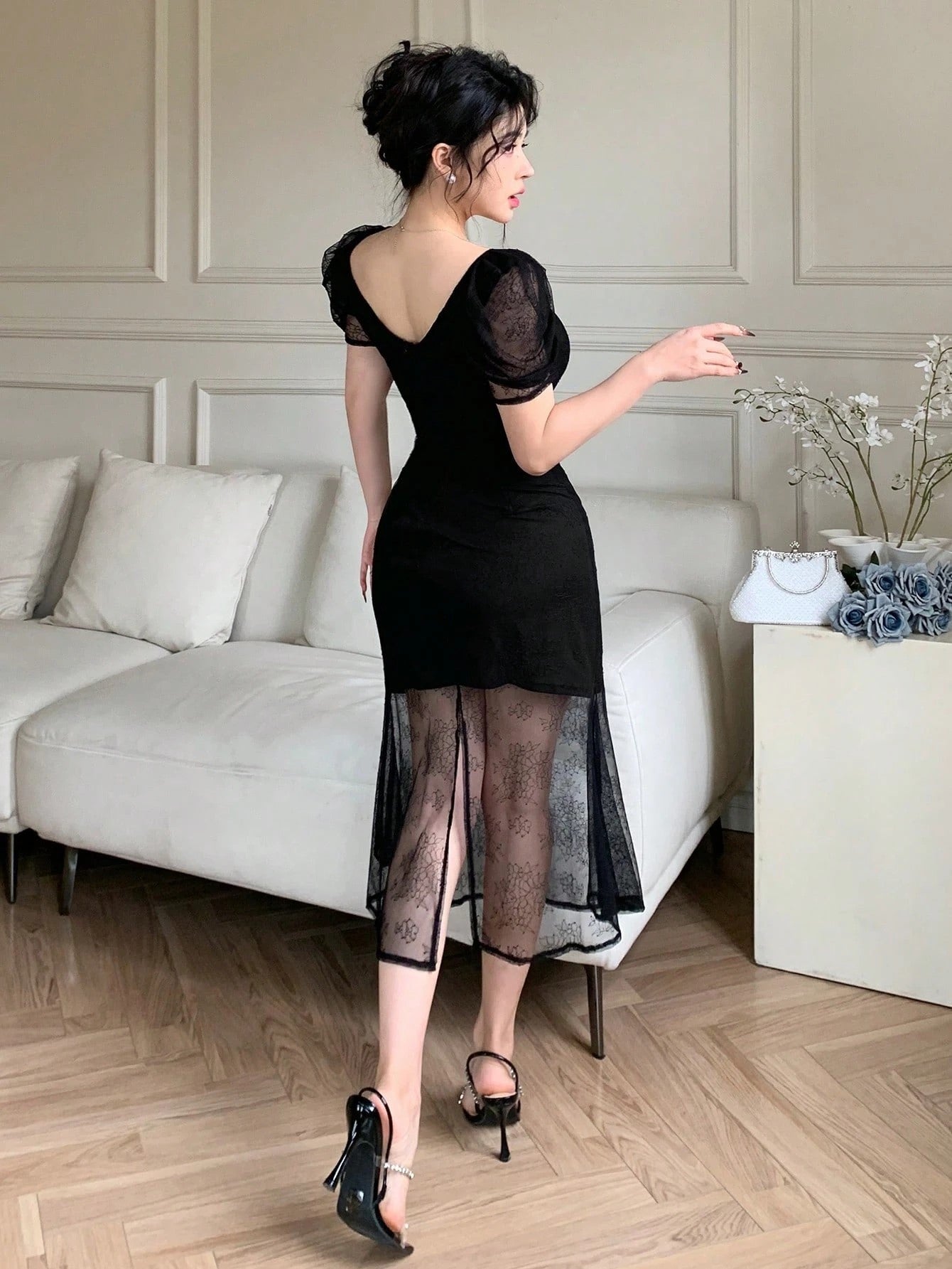 Lace Sheer Slit Long Dress