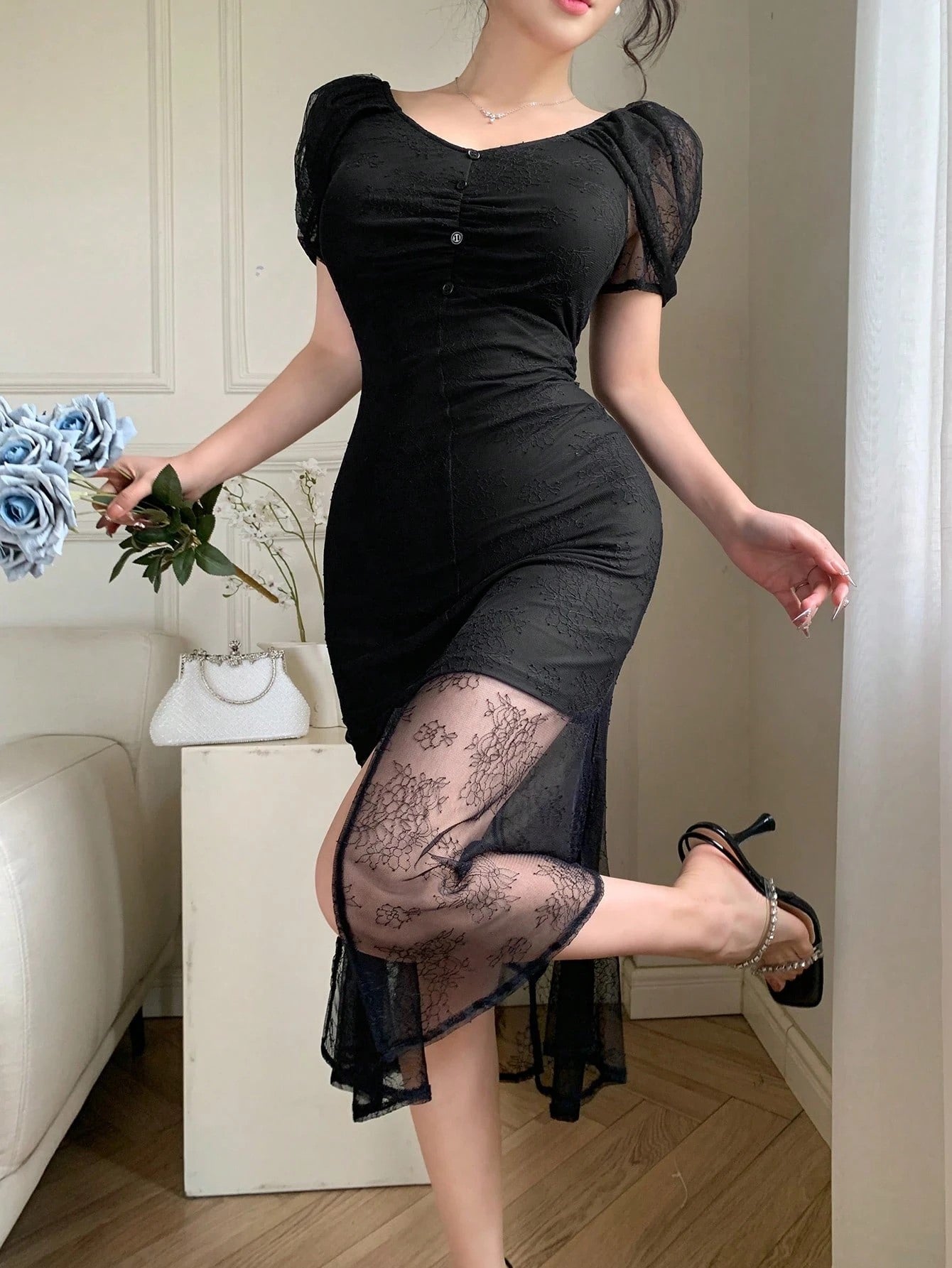Lace Sheer Slit Long Dress