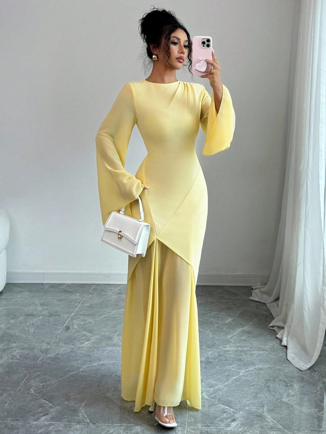 ong Sleeve Fitted Waist Feminine Train Cream Yellow Dress