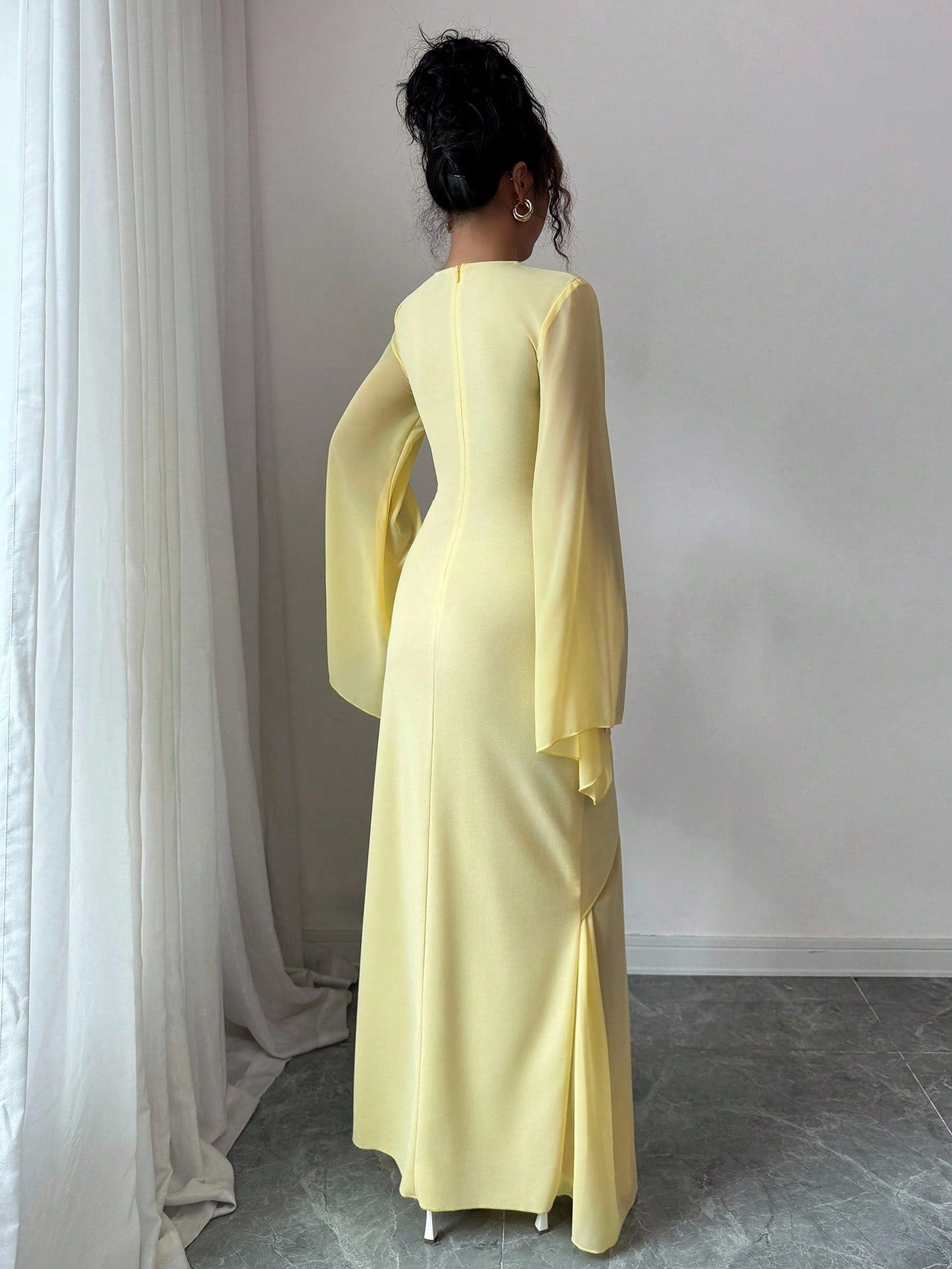 ong Sleeve Fitted Waist Feminine Train Cream Yellow Dress