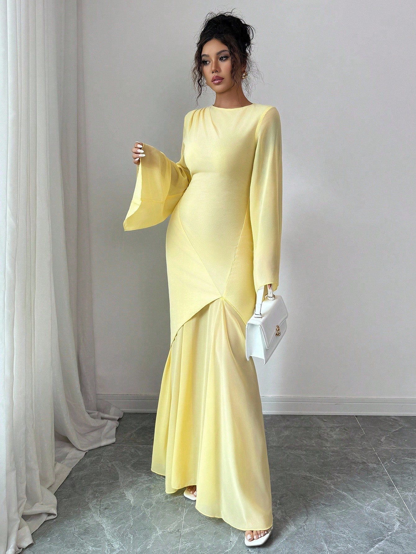 ong Sleeve Fitted Waist Feminine Train Cream Yellow Dress