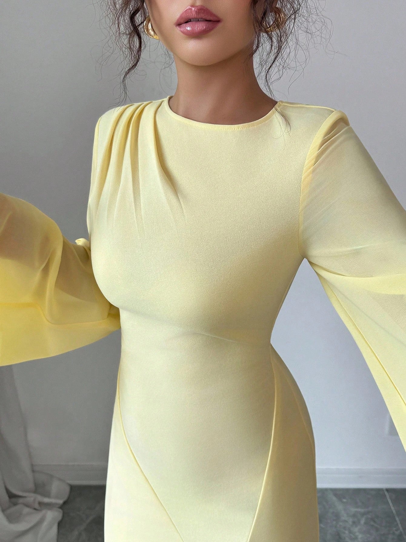 ong Sleeve Fitted Waist Feminine Train Cream Yellow Dress