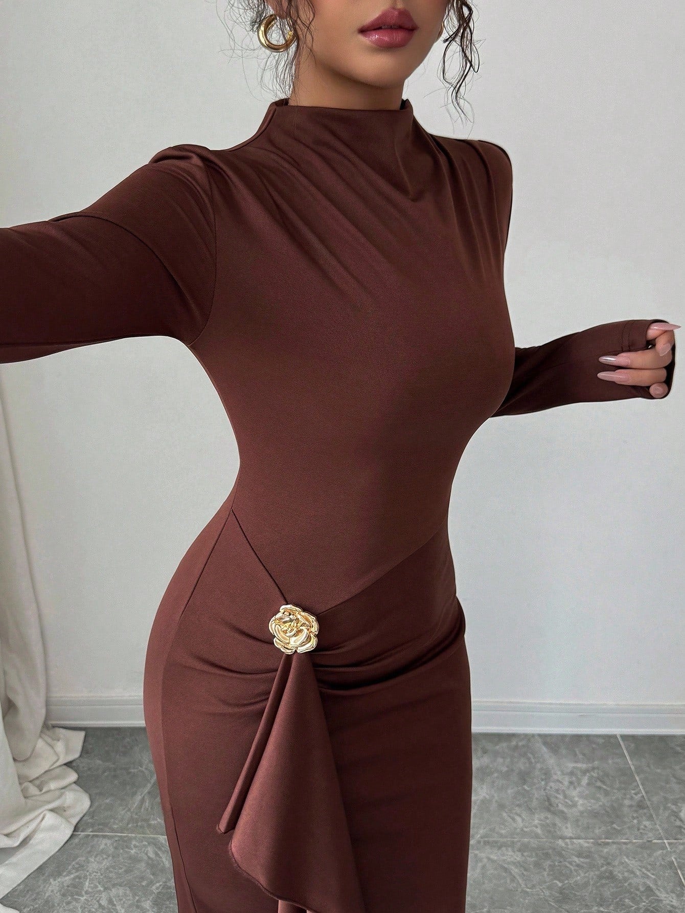 Women's Long Sleeve Knee Length Brown Dress with Metallic Trims