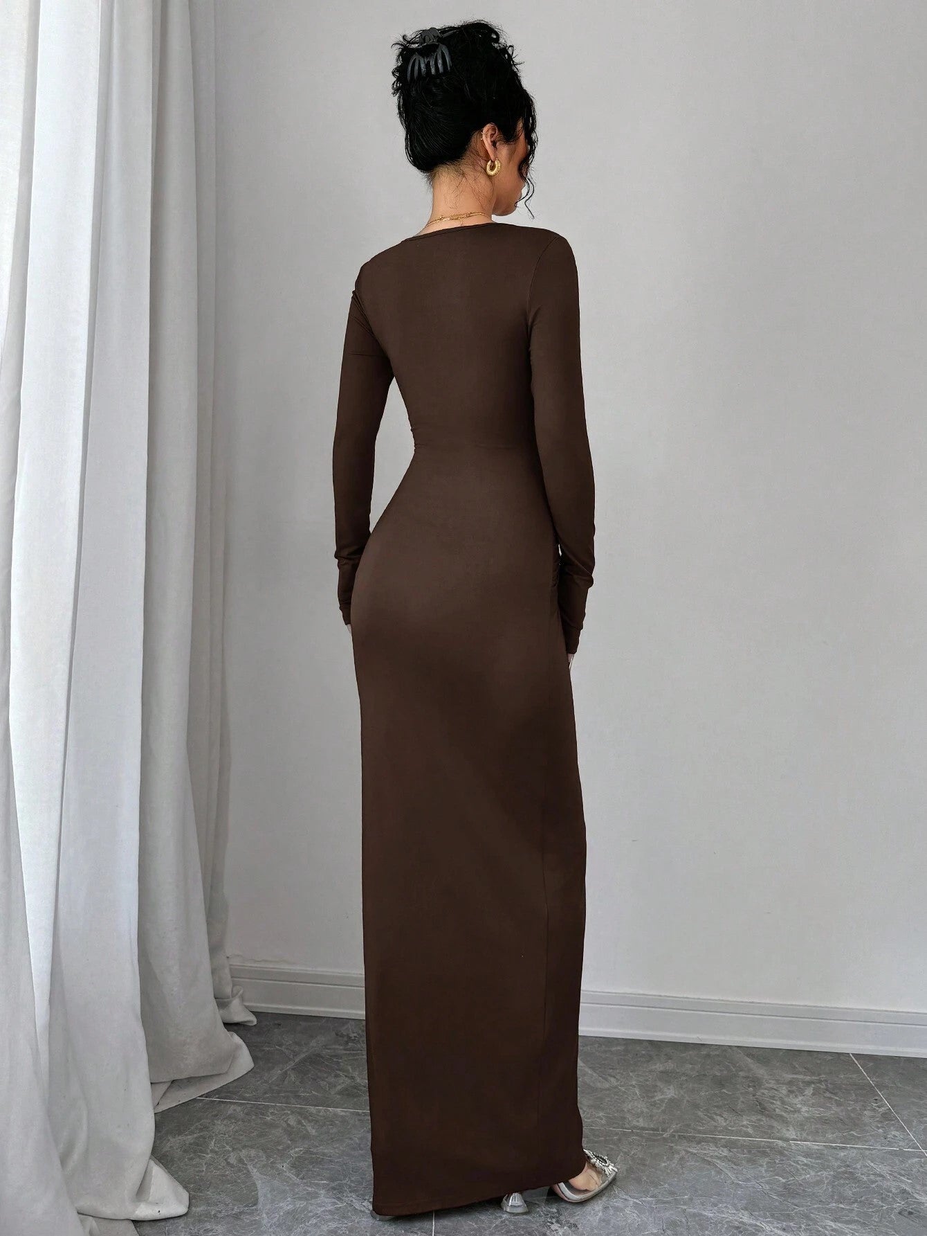 Square Neck Floral Decor Long Sleeve Dress