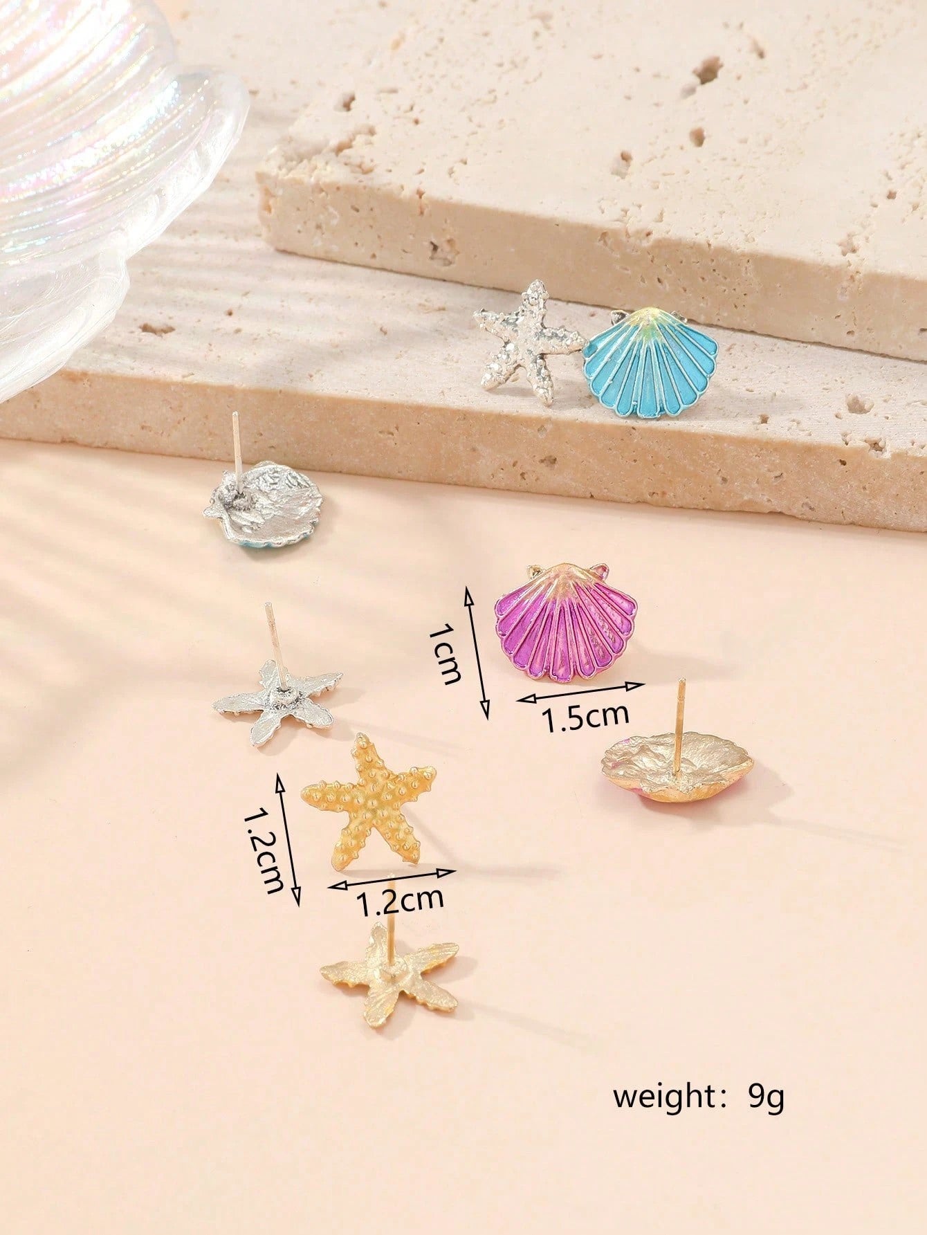 8-piece starfish and shell stud earrings