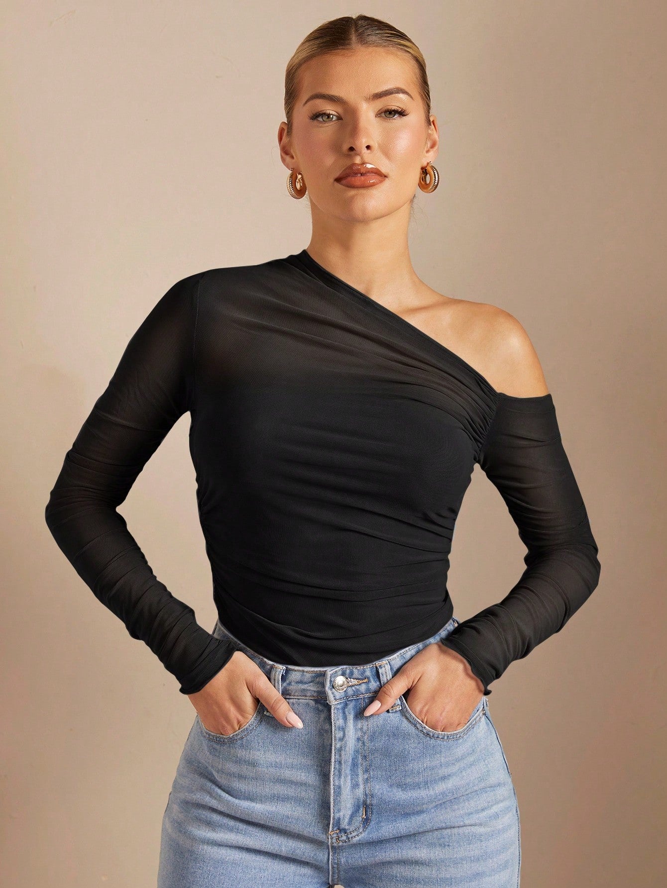 Asymmetric Neck Gathered Sleeve Sheer Mesh Bodycon Shirt