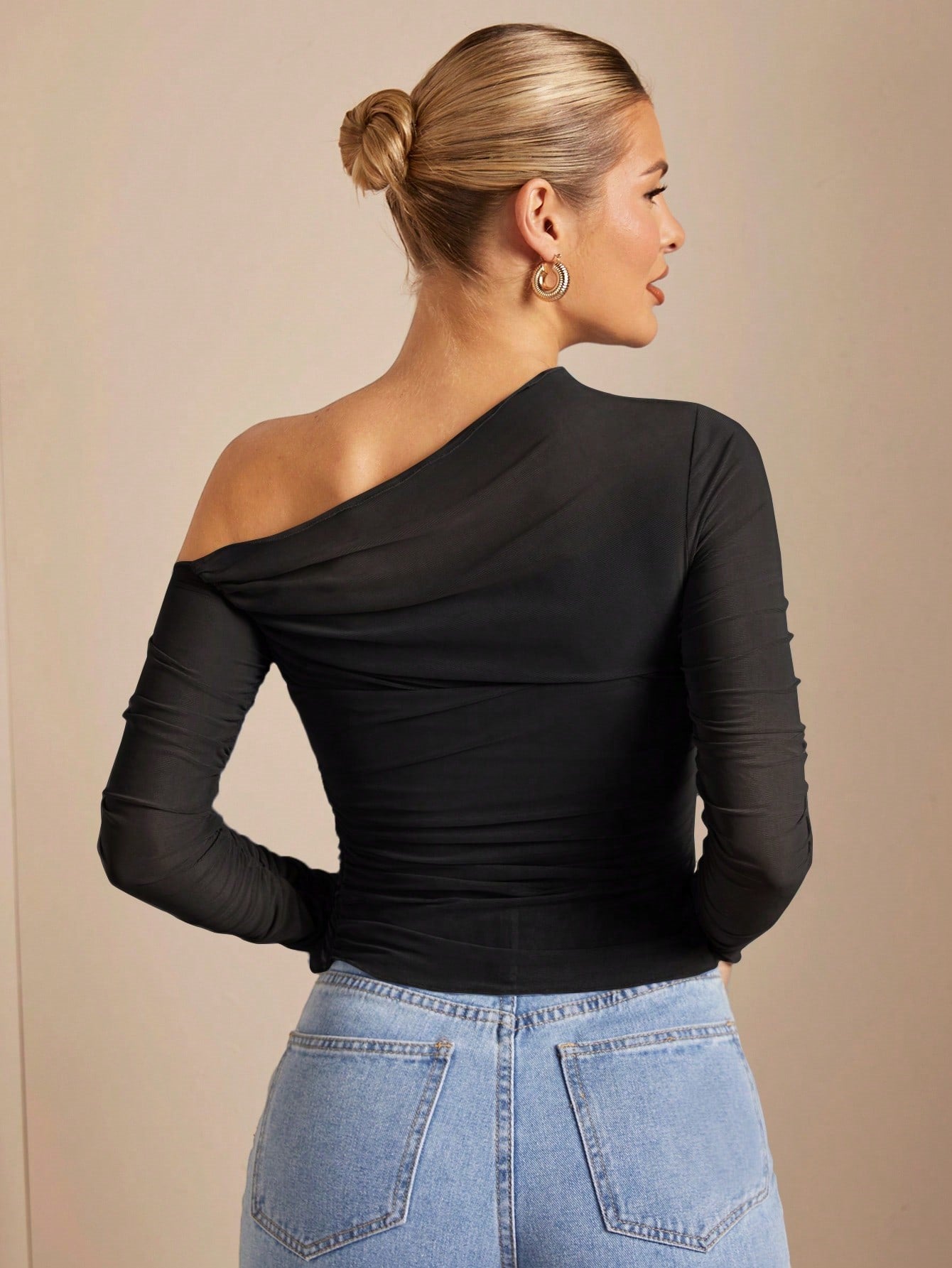Asymmetric Neck Gathered Sleeve Sheer Mesh Bodycon Shirt