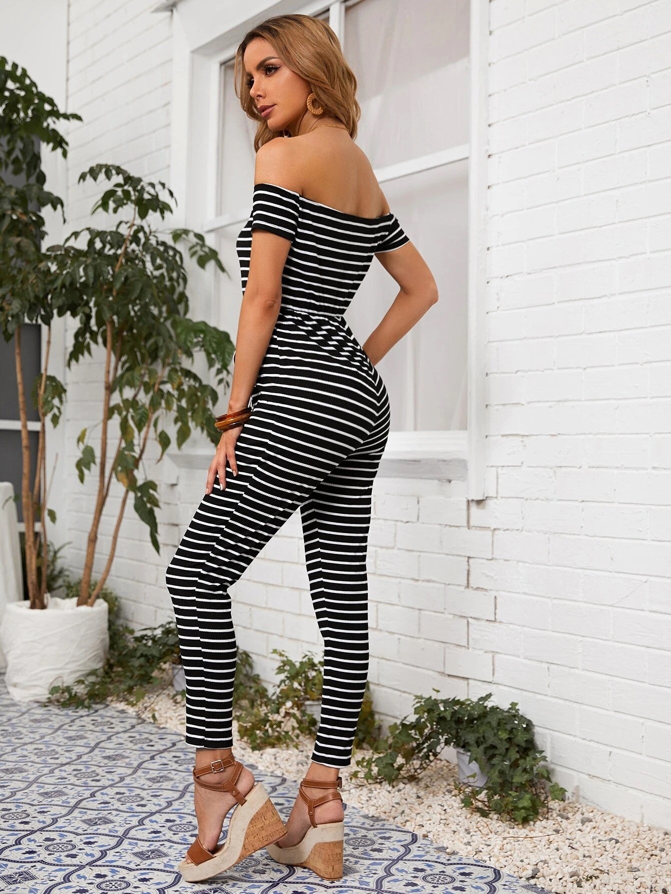 Off Shoulder Striped Jumpsuit