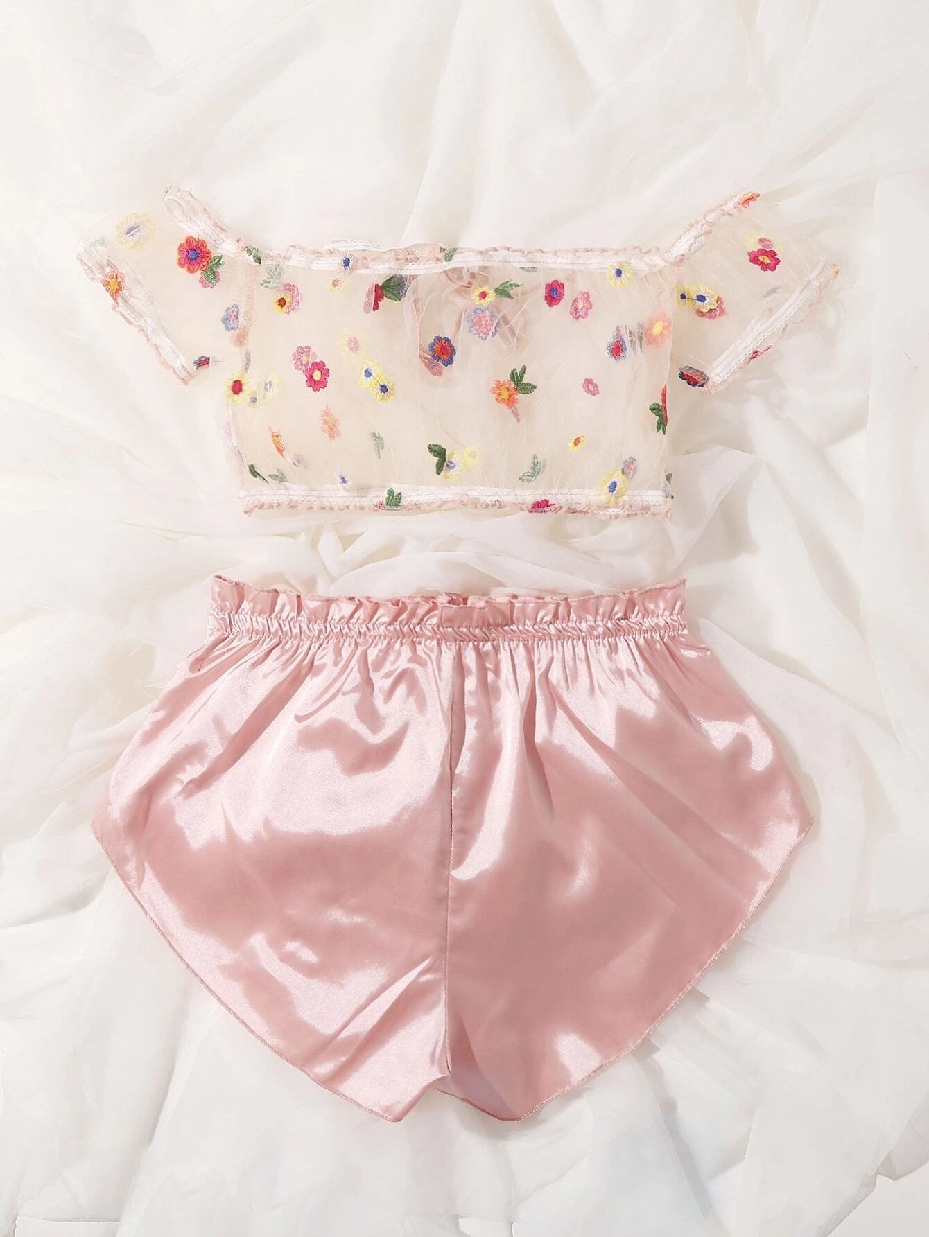 Floral Mesh Bralette With Satin Shorts