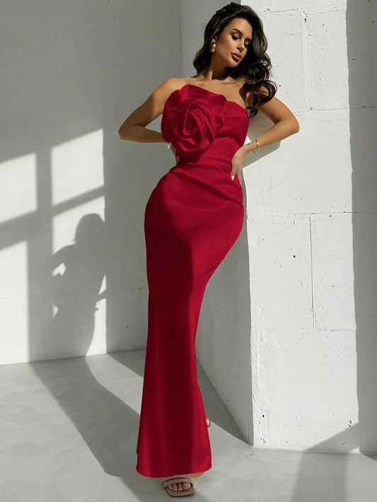 Satin 3D Floral Print Bodycon Pleated Open Back Maxi Dress