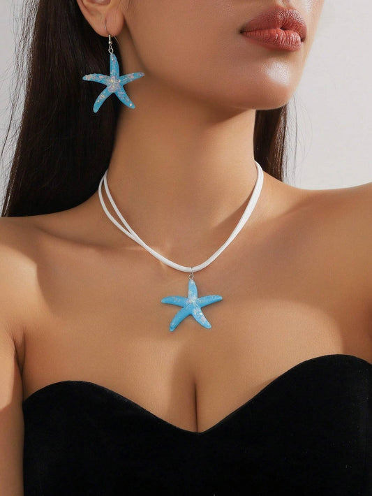 Simple Star Necklace With Blue Starfish Earrings