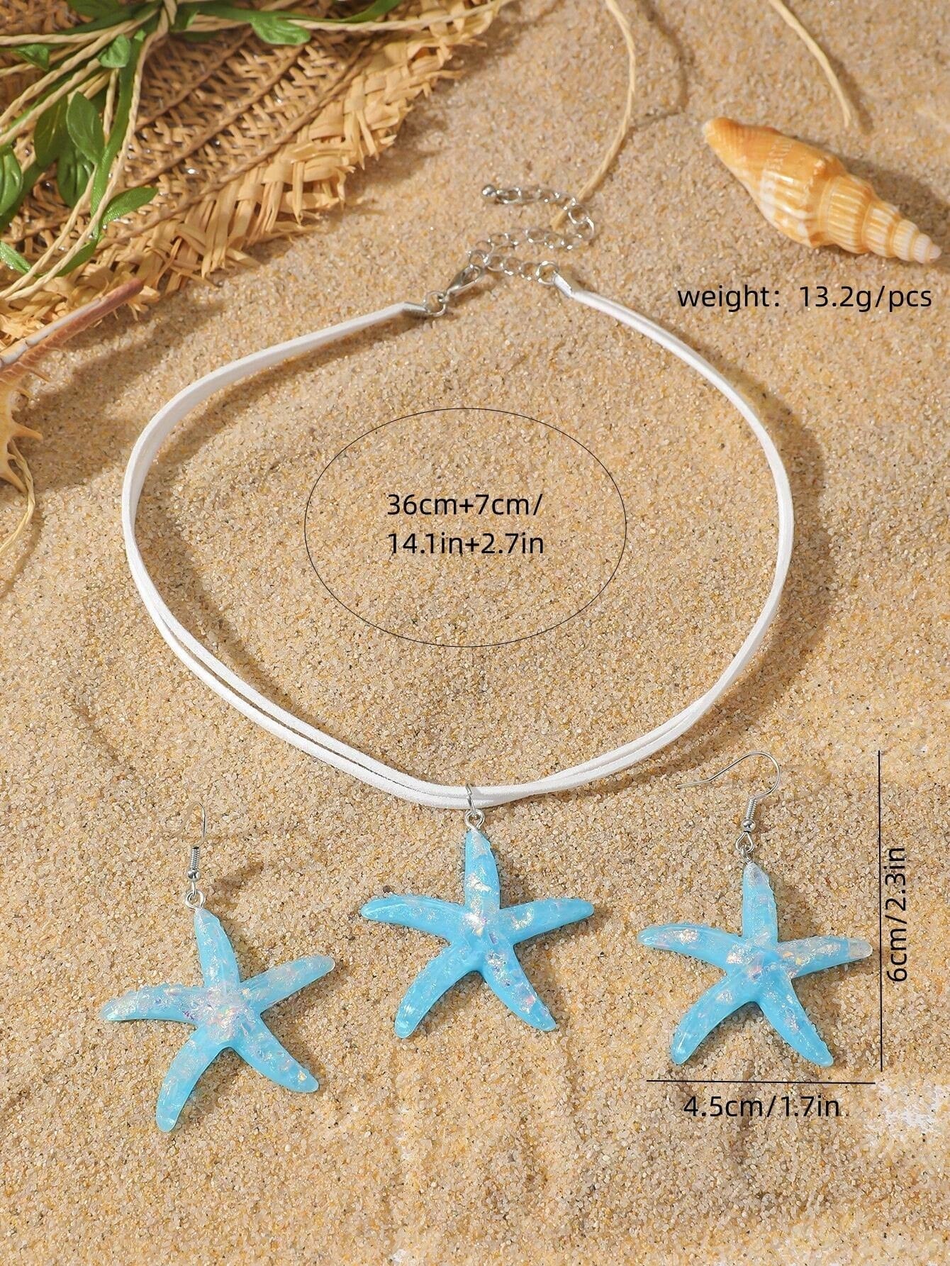 Simple Star Necklace With Blue Starfish Earrings