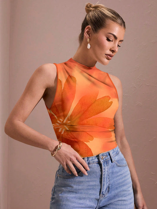 Sleeveless Feather High Collar Bodysuit