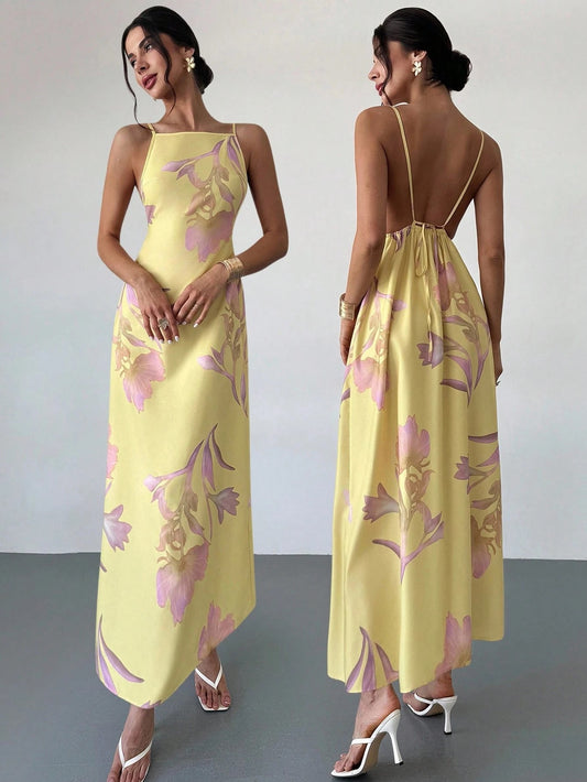 Floral Print Backless Maxi Dress
