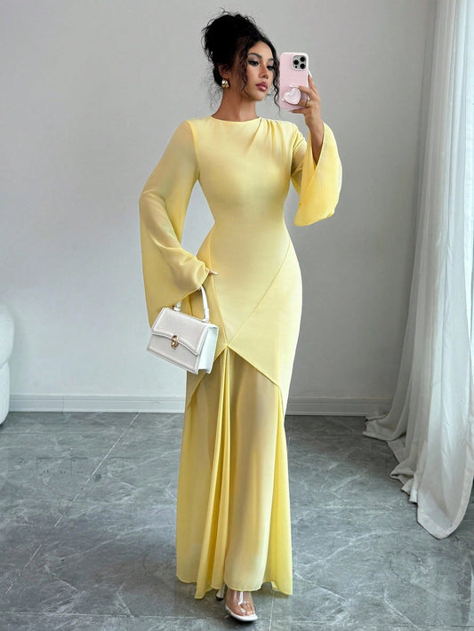 ong Sleeve Fitted Waist Feminine Train Cream Yellow Dress