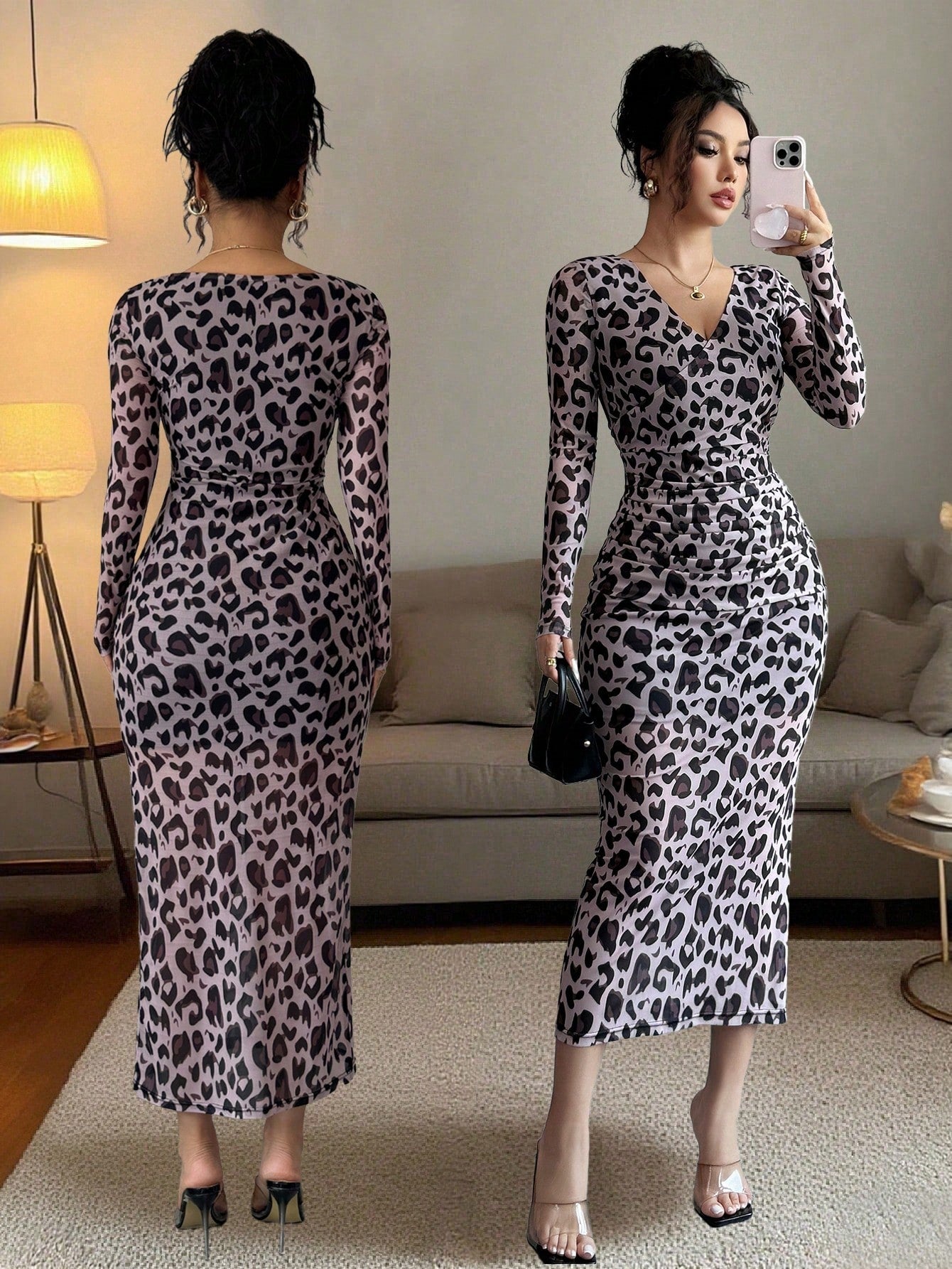 Leopard Print V-Neck Pleated Dress