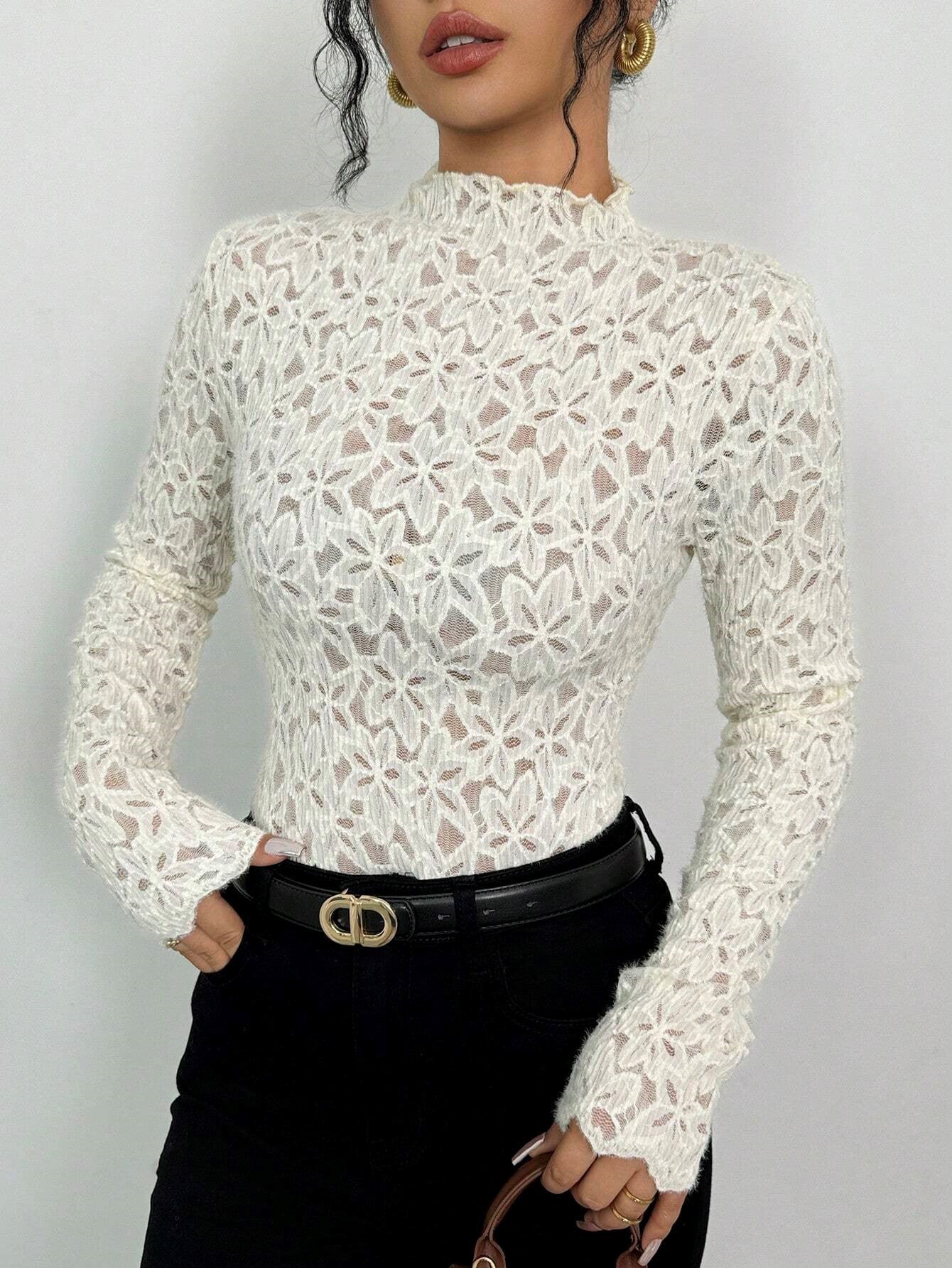 High Neck Long Sleeve Floral Print Blouse