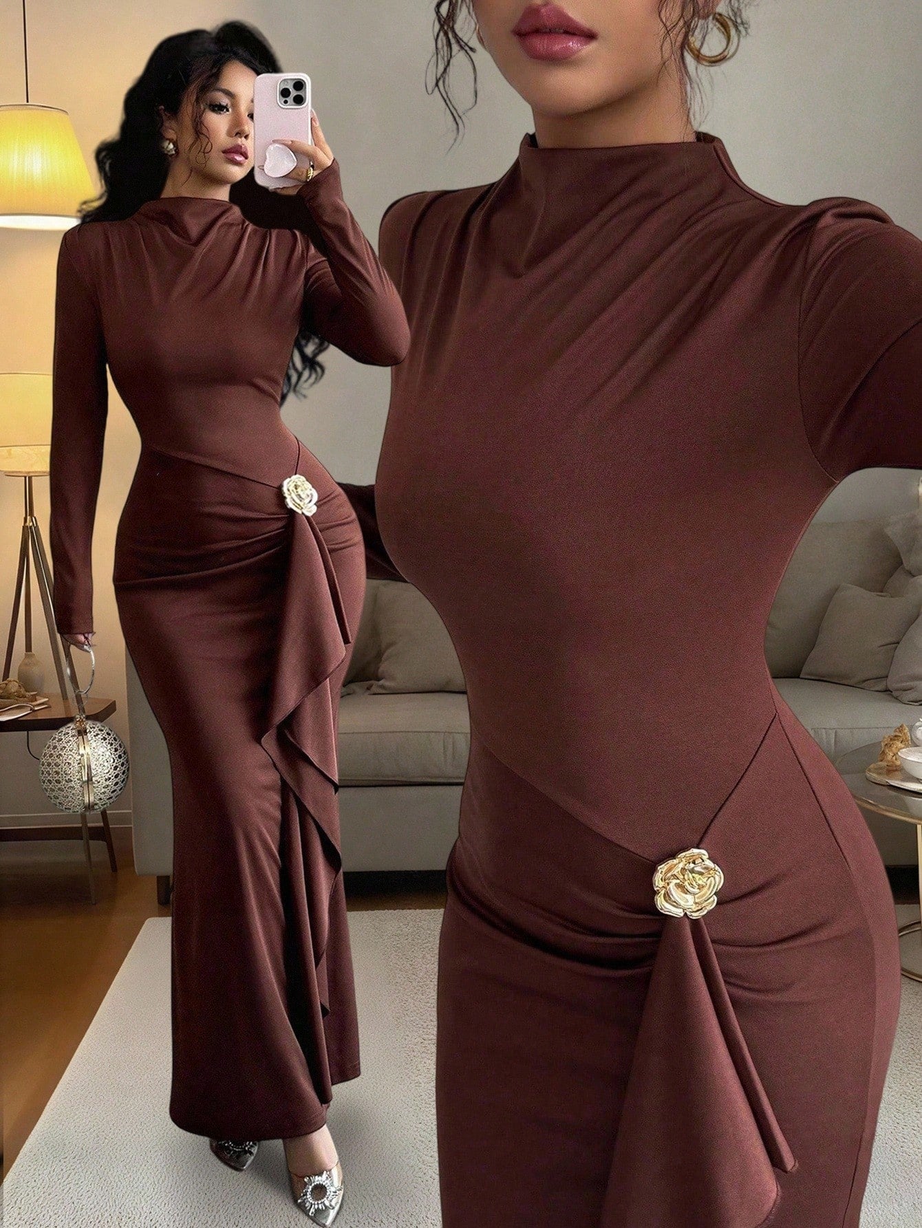 Women's Long Sleeve Knee Length Brown Dress with Metallic Trims
