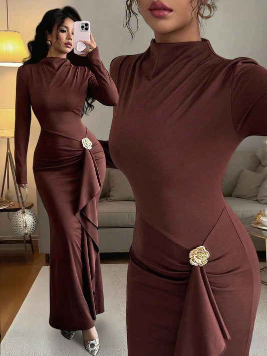 Women's Long Sleeve Knee Length Brown Dress with Metallic Trims