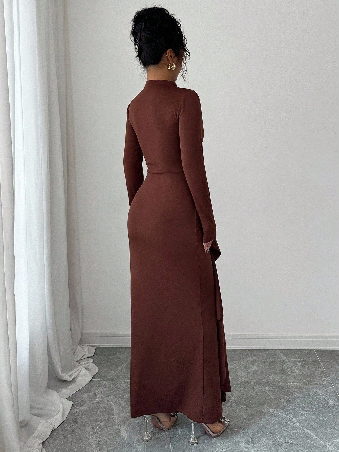 Women's Long Sleeve Knee Length Brown Dress with Metallic Trims
