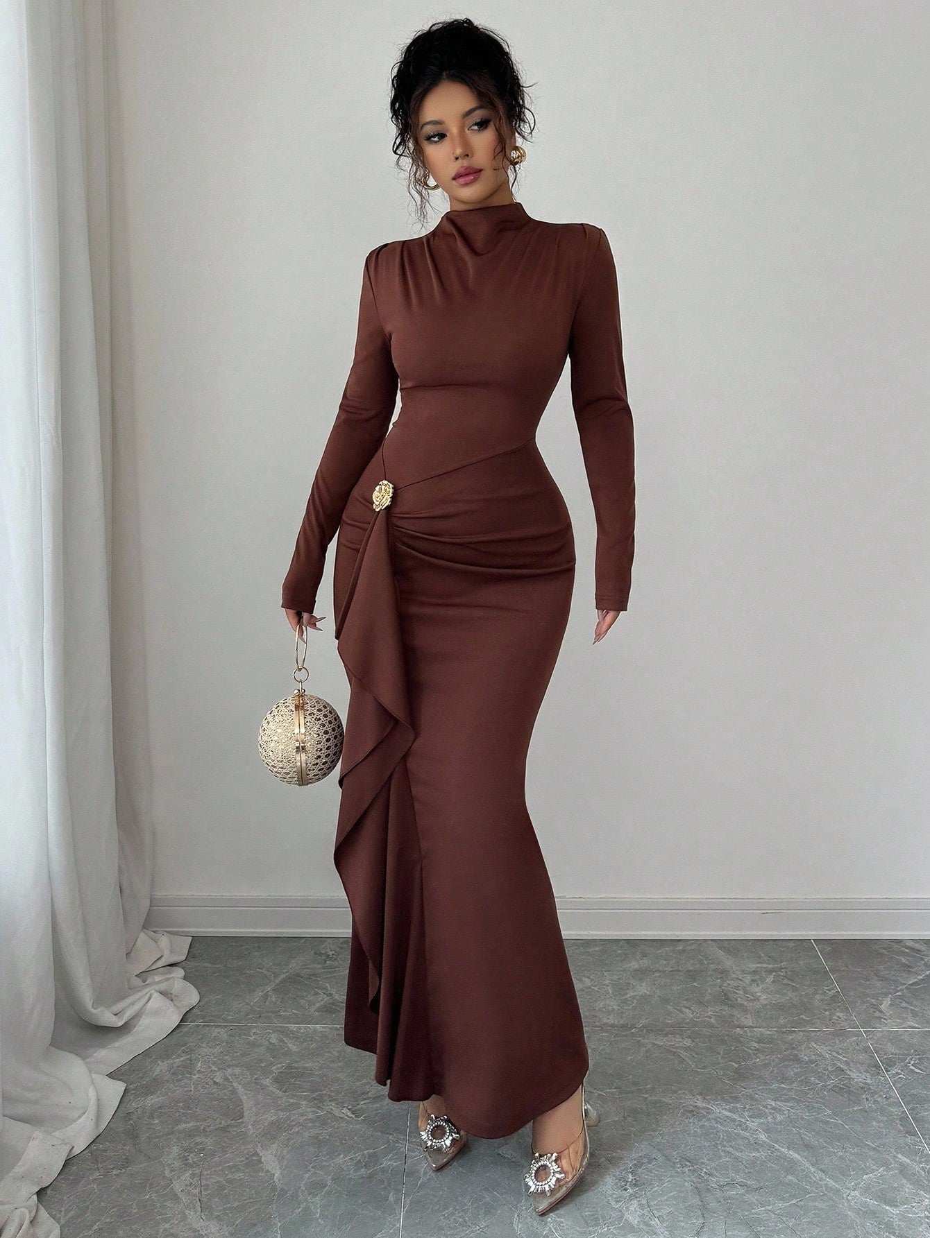Women's Long Sleeve Knee Length Brown Dress with Metallic Trims