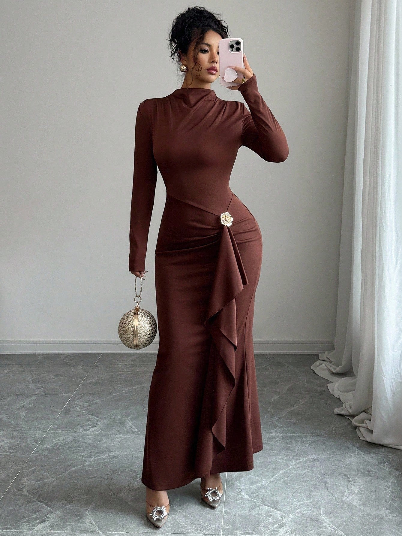 Women's Long Sleeve Knee Length Brown Dress with Metallic Trims