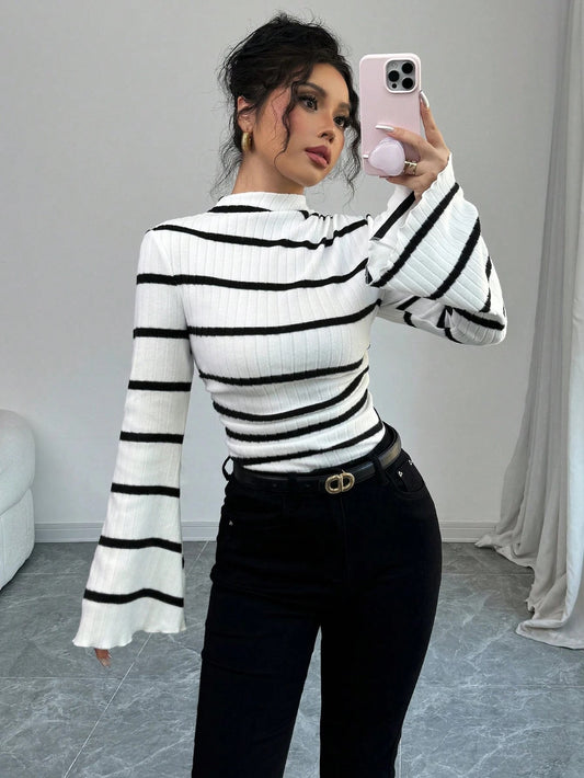 Casual High Neck Long Sleeve Striped Tops