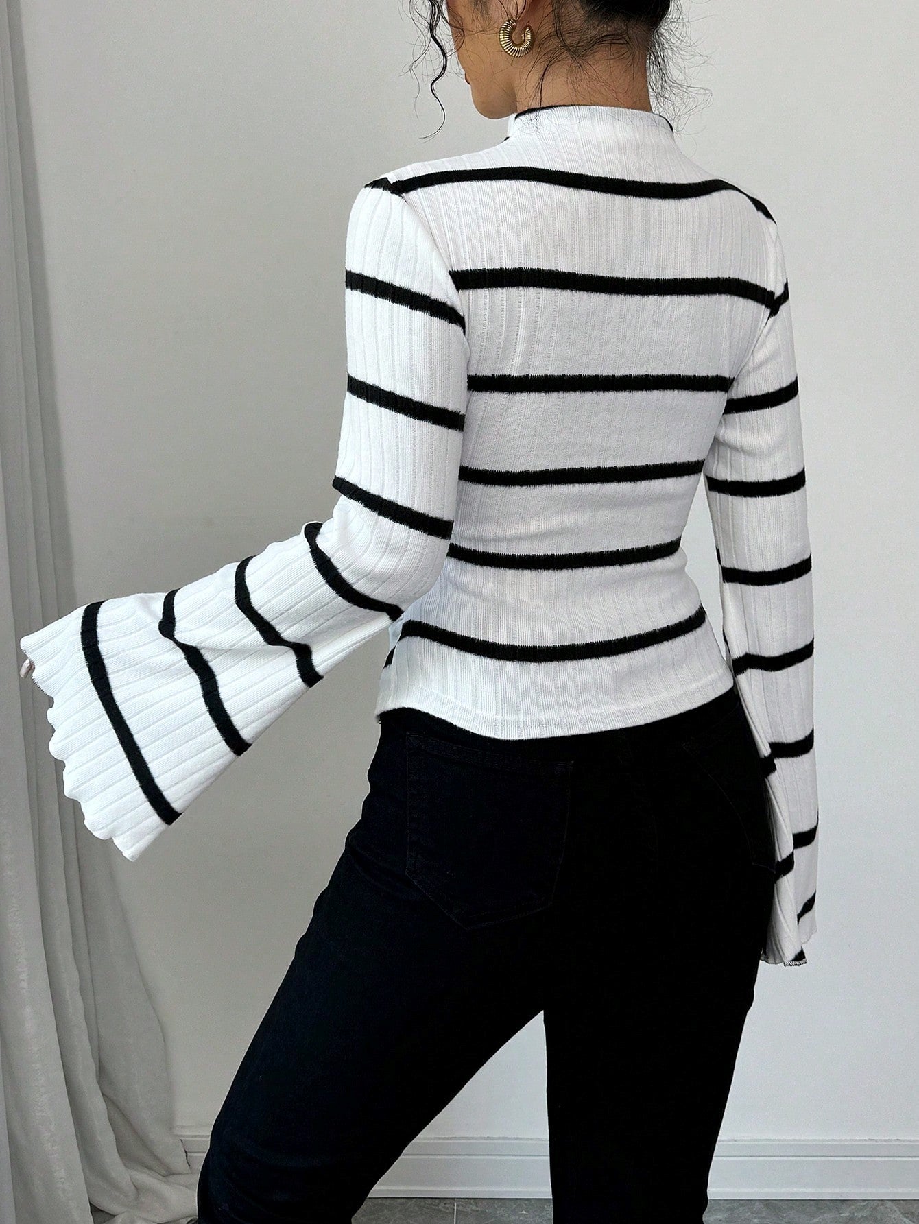 Casual High Neck Long Sleeve Striped Tops