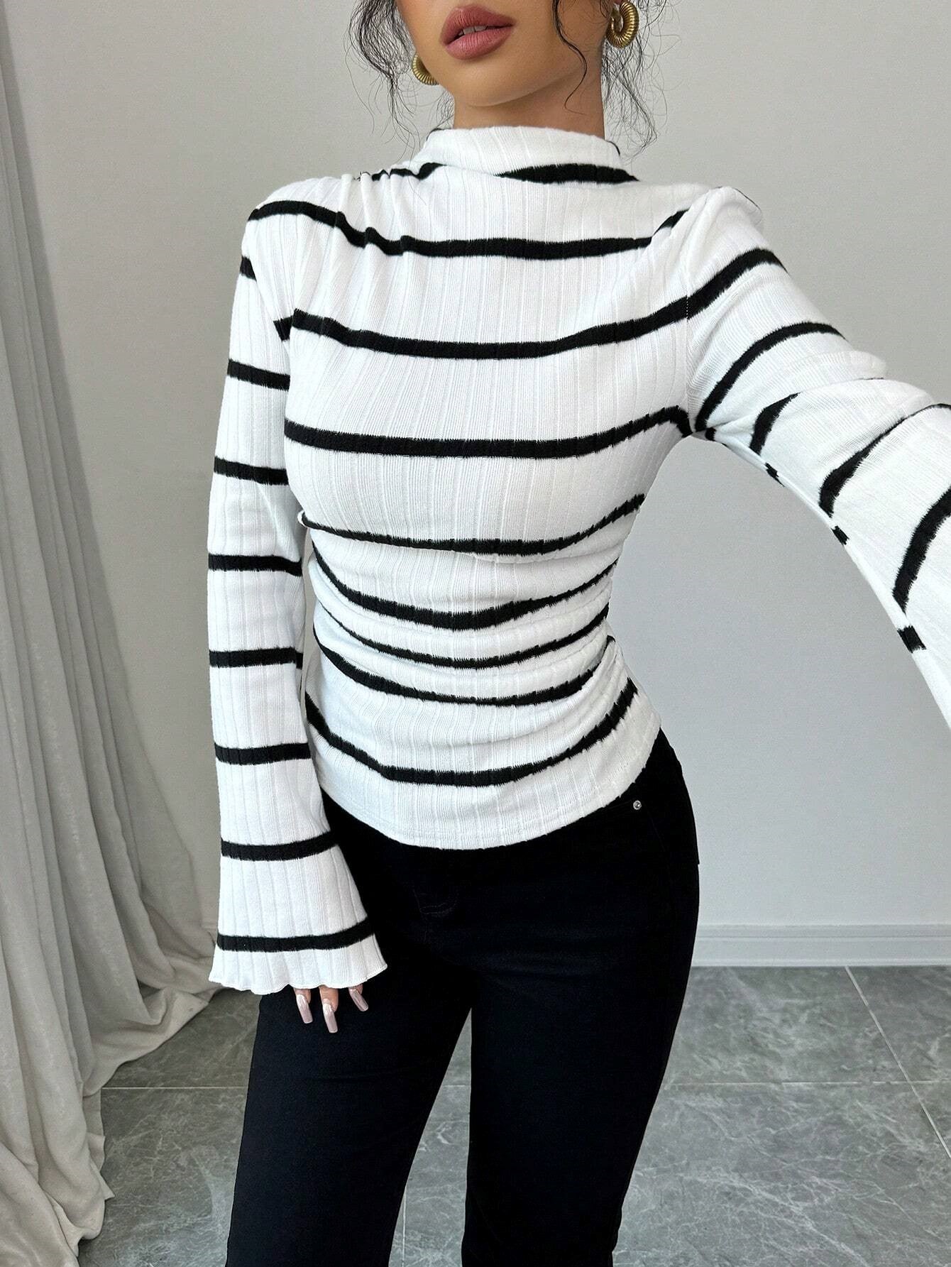 Casual High Neck Long Sleeve Striped Tops