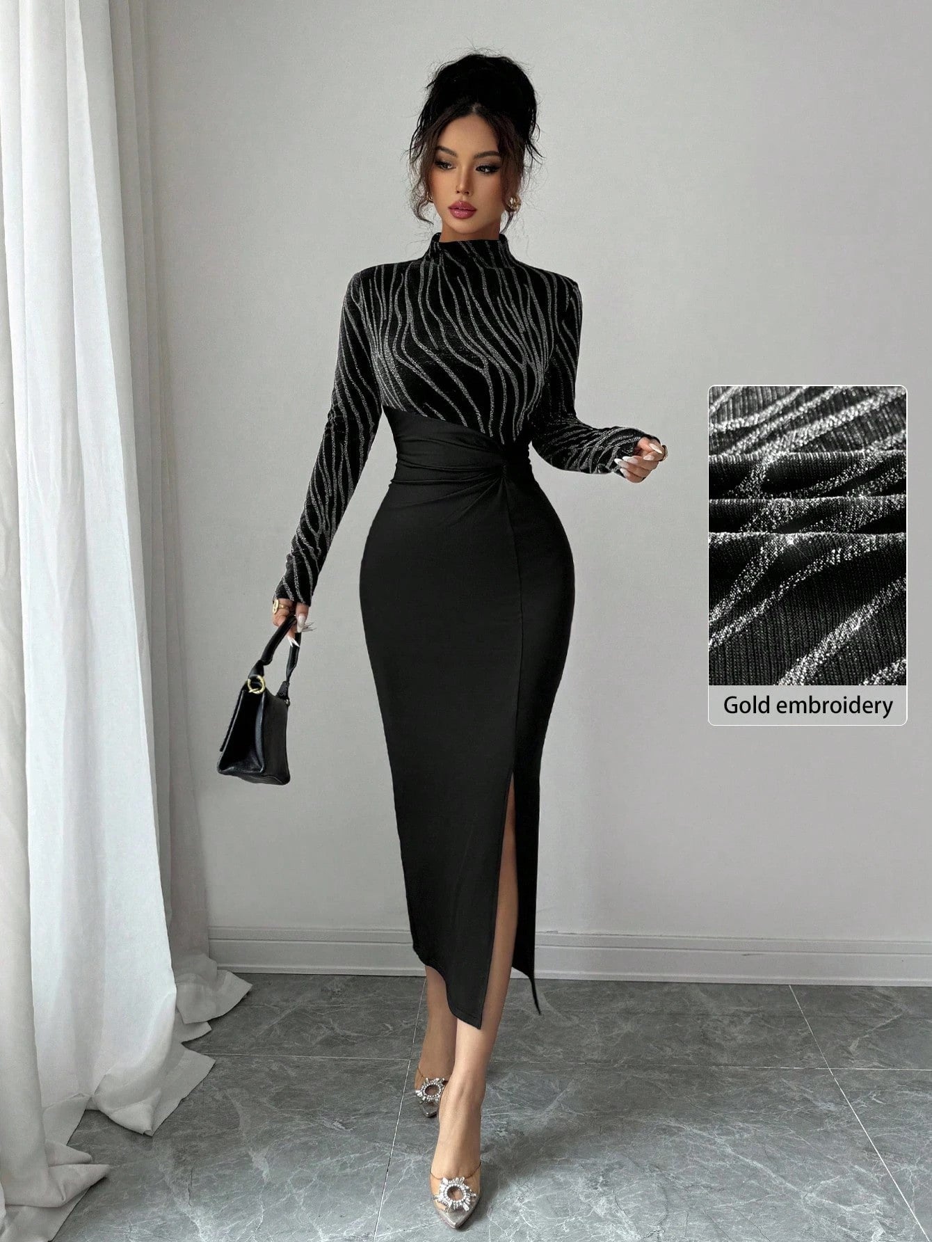 Foil Print Bodycon Dress with High Neck, Long Sleeves, Side Slit, and Twist Waist Dress