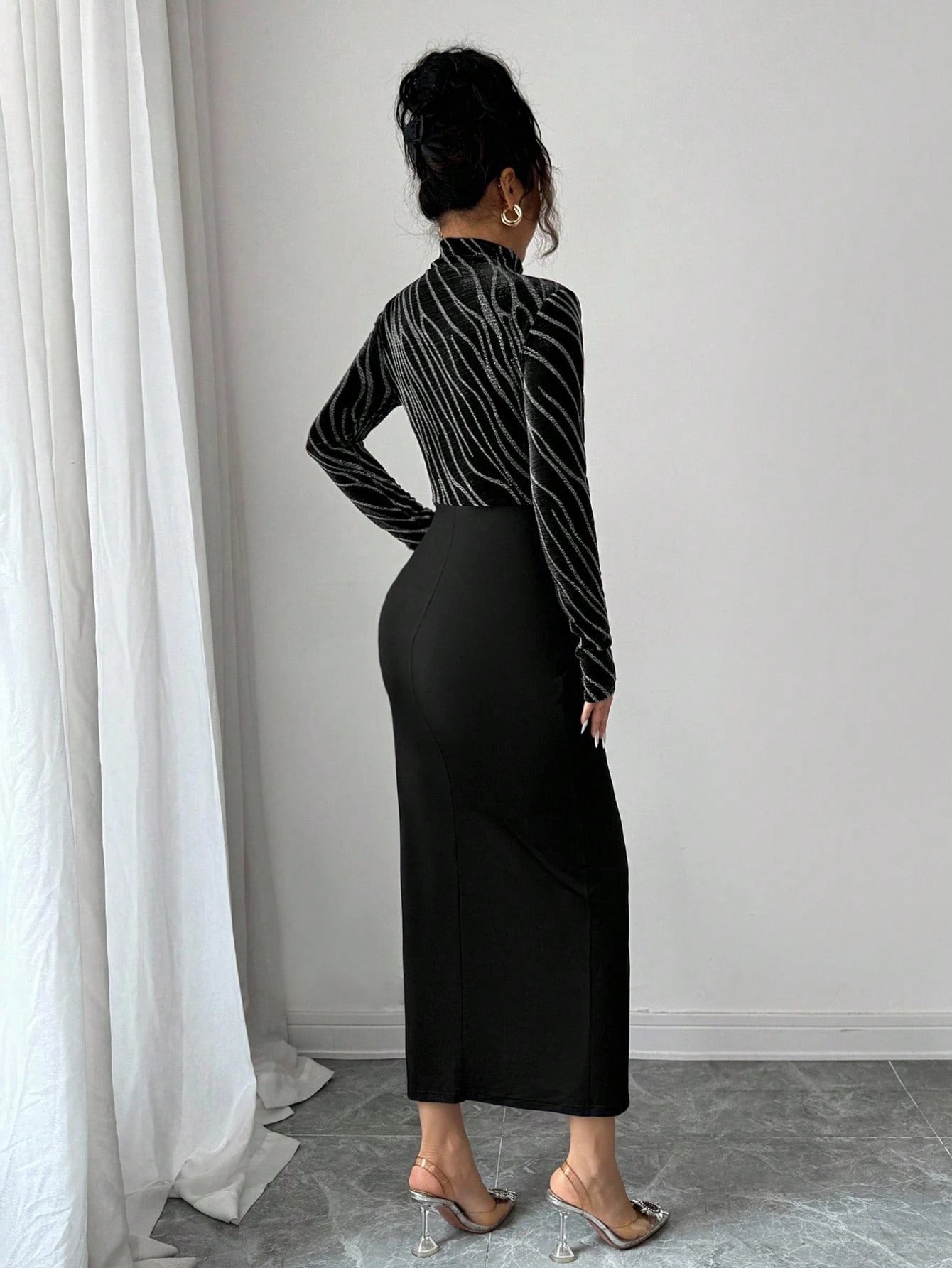 Foil Print Bodycon Dress with High Neck, Long Sleeves, Side Slit, and Twist Waist Dress