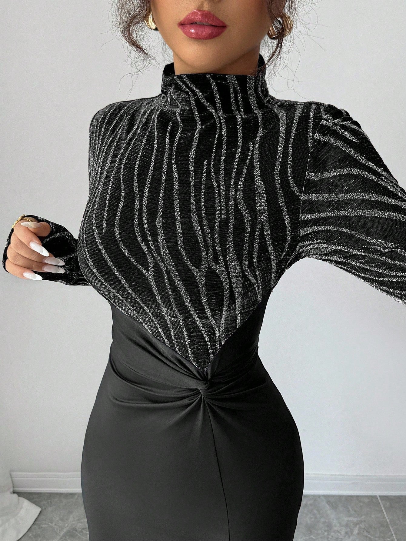 Foil Print Bodycon Dress with High Neck, Long Sleeves, Side Slit, and Twist Waist Dress