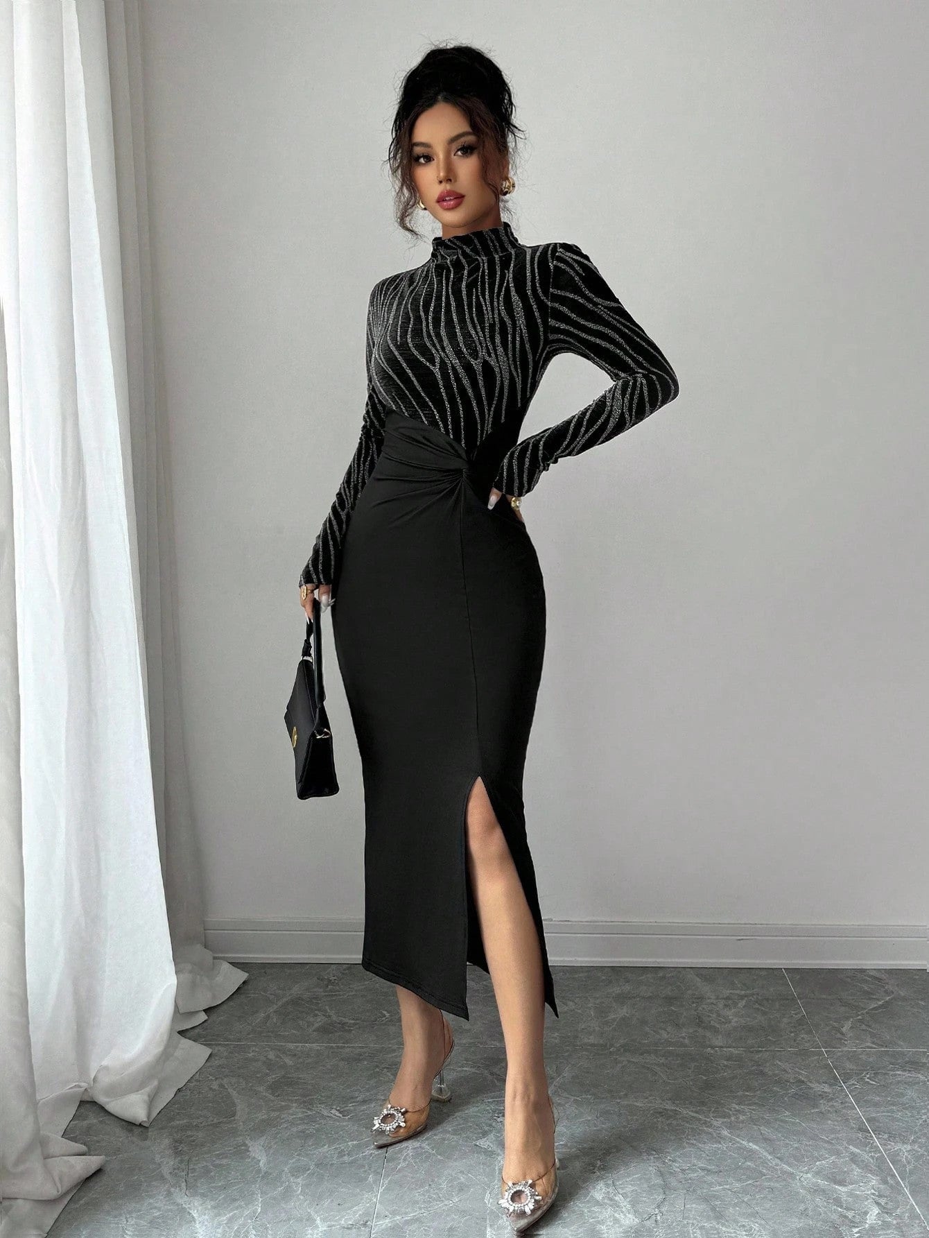 Foil Print Bodycon Dress with High Neck, Long Sleeves, Side Slit, and Twist Waist Dress