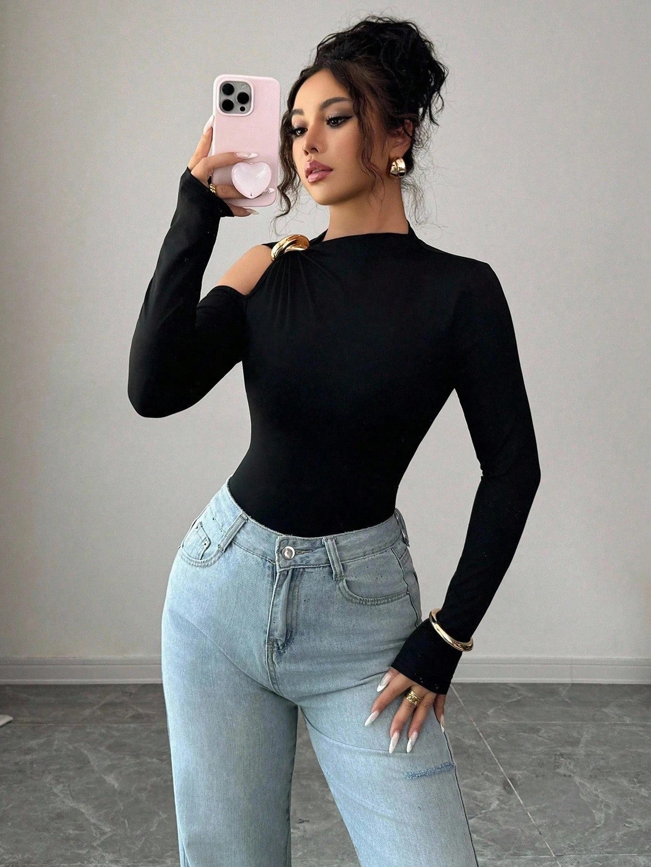 Slim Fit Long Sleeve Hollow Out T-Shirt