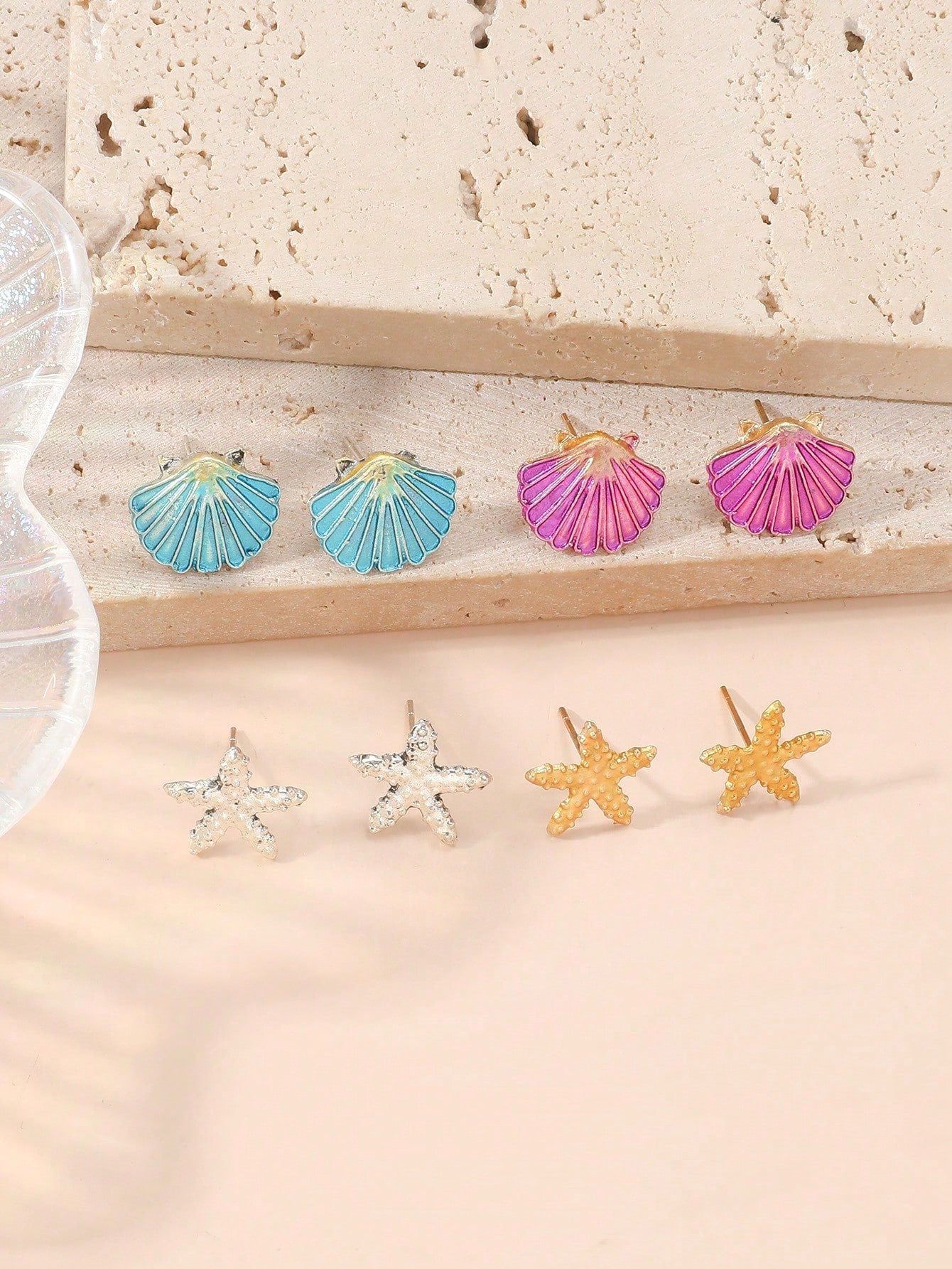 8-piece starfish and shell stud earrings