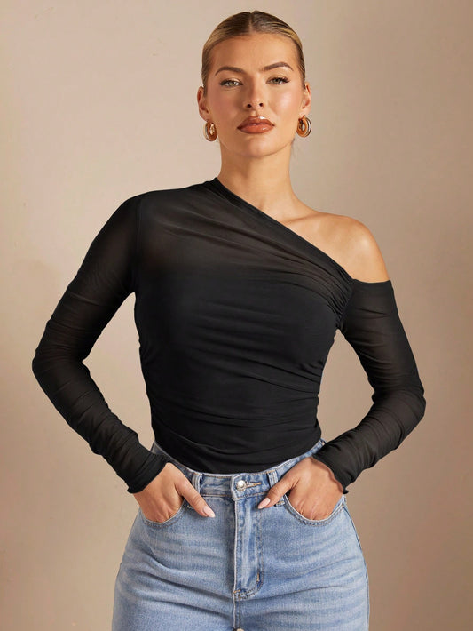 Asymmetric Neck Gathered Sleeve Sheer Mesh Bodycon Shirt