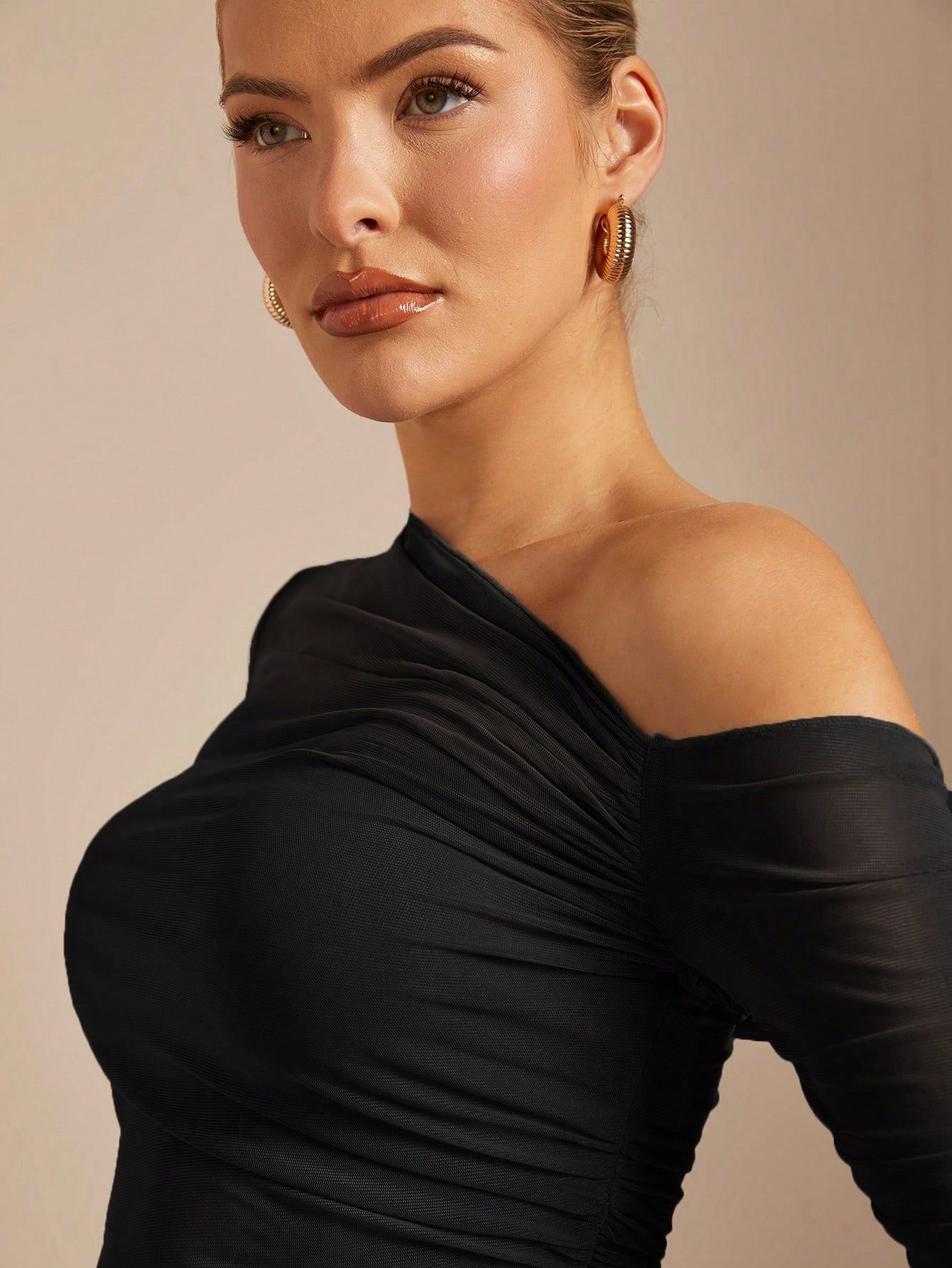 Asymmetric Neck Gathered Sleeve Sheer Mesh Bodycon Shirt