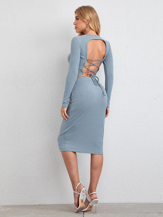 Blue Backless Crop Top & Skirt Set