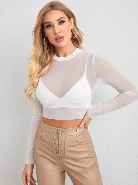 Mesh Long Sleeve Crop Top Without Bra