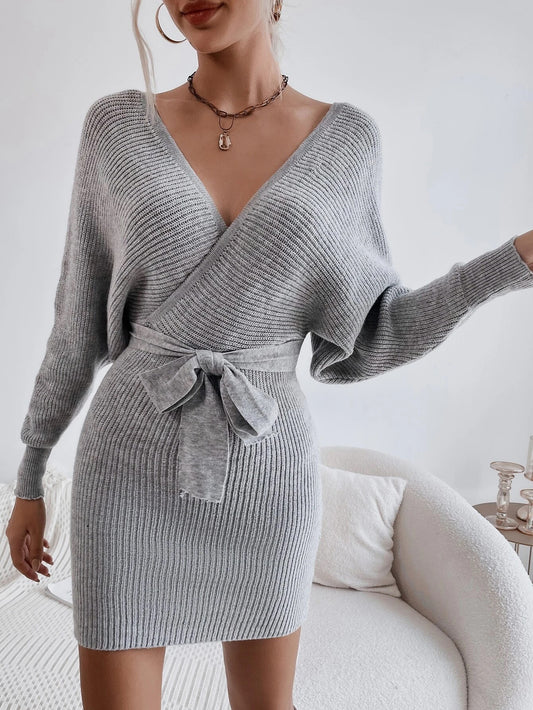 Belted Backless Sweater Dress