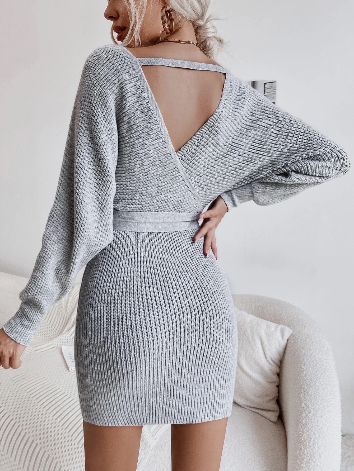 Belted Backless Sweater Dress