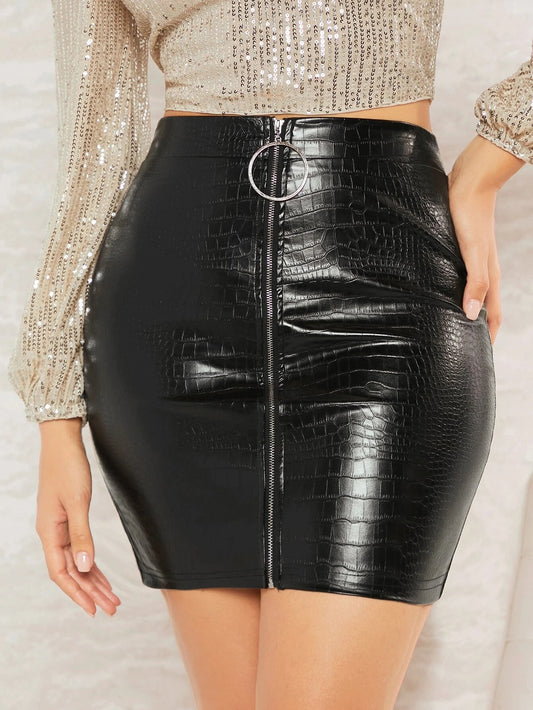 Zip Up PU Leather Skirt