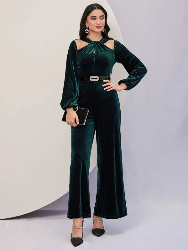 Belted Velvet Jumpsuit | Velvet Fabric touch inside - Plain - Heavy ** Stretch: Medium Stretch