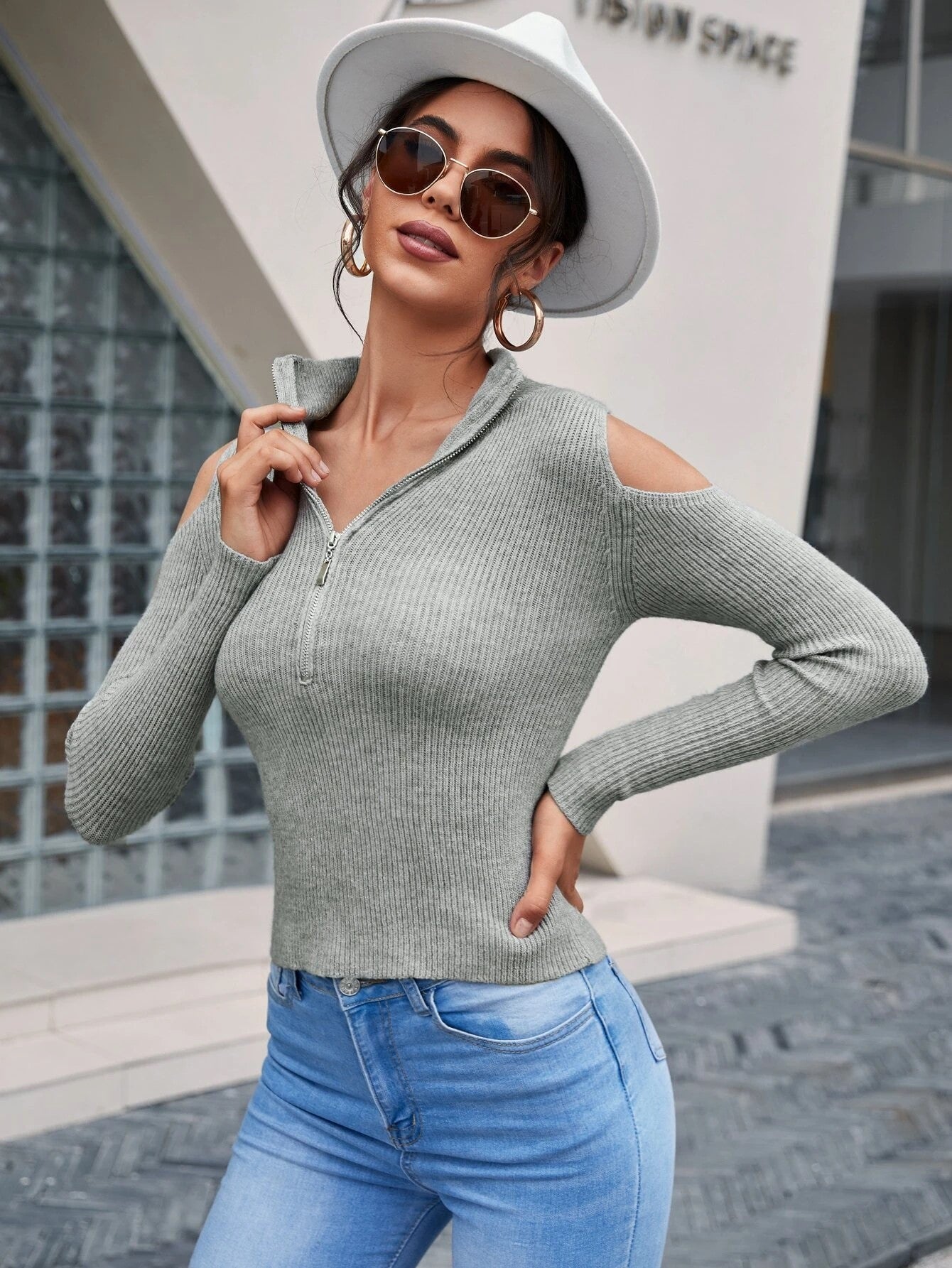 Cold shoulder cheap zipper top