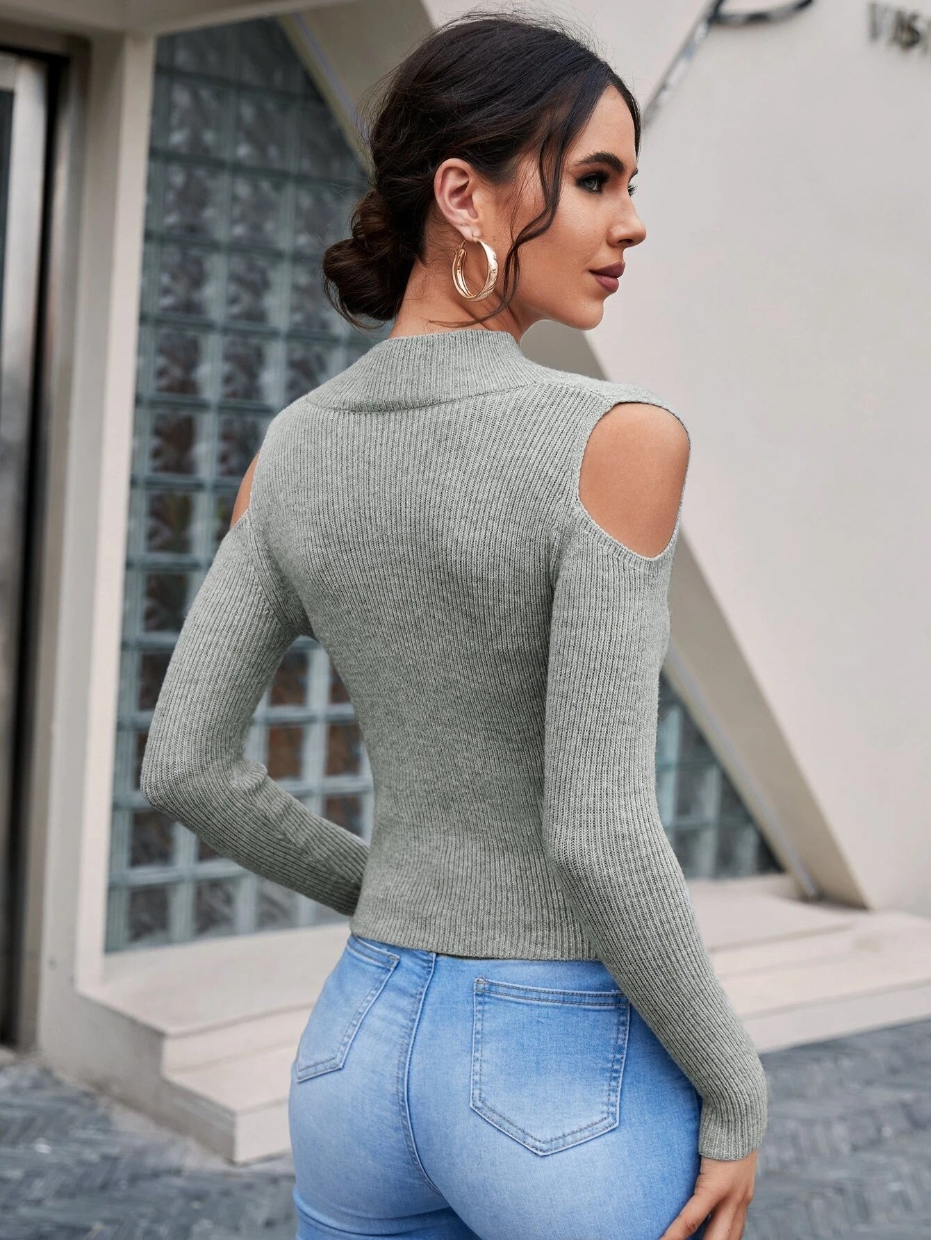 Cold shoulder zipper top hot sale